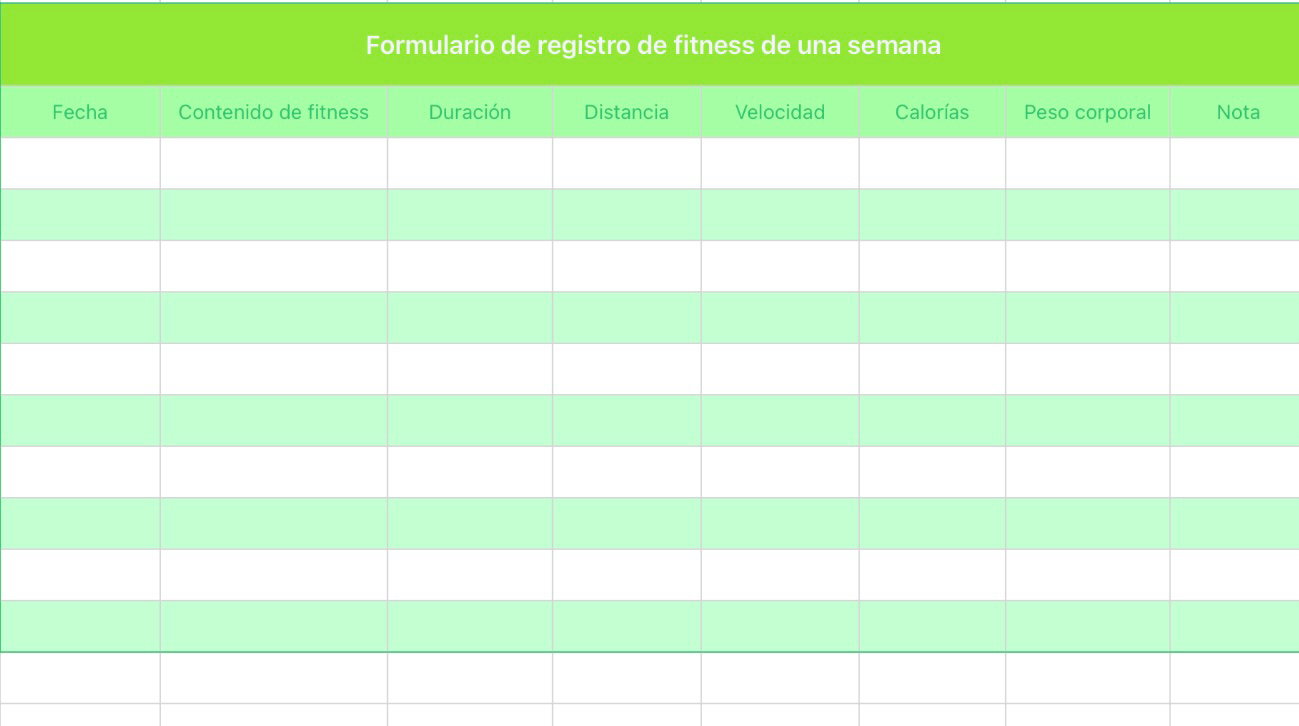 Formulario de registro de fitness de una semana